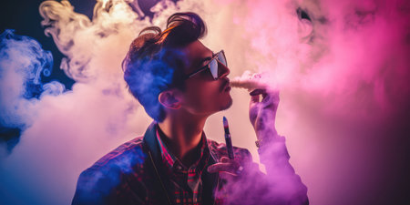"Modern Vaping Lifestyle - Asian Man with Electronic Cigarette and Pink Vapor"の素材