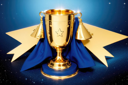 "Shining Golden Trophy with Stars on Dark Blue Background"の素材
