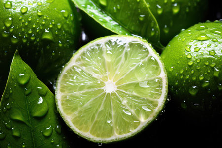 "Fresh Limes with Vibrant Leaves and Glistening Water Droplets - Citrus Refreshment"の素材