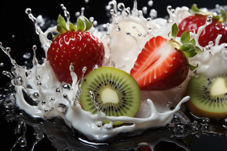 "Fresh Strawberries and Kiwi in Creamy White Milk Splash"の素材