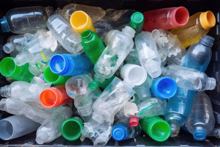 "Environmental Crisis, Overflowing Garbage Bin with Plastic Bottles"の素材