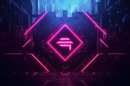 "Glowing Pink Door, Gateway to Cyber City - Futuristic Entrance"の素材
