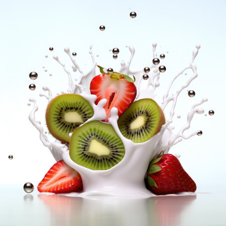 "Fresh Strawberries and Kiwi in Creamy White Milk Splash"の素材