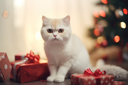 "Adorable Christmas Cat with Festive Decorations at Home"の素材