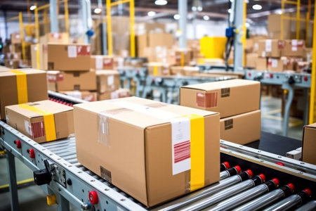 "Automated Logistics, Barcode-Labeled Boxes on Conveyor Belt"の素材