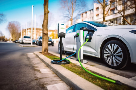 "Electric Vehicle Charging at Public Charging Station - Eco-Friendly Transport"の素材