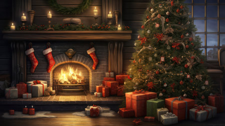 "Christmas Ambiance, Fireplace and Beautifully Trimmed Tree"の素材