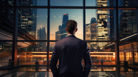 "Contemplating Business Organizations, A Businessman Stands Back in the Office city background"の素材