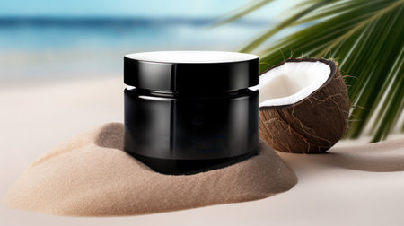 "Modern Sophistication, Stylish Black Jar Cream of Coconut Mockup for Premium Product Showcase"の素材