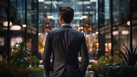 "Contemplating Business Organizations, A Businessman Stands Back in the Office city background"の素材