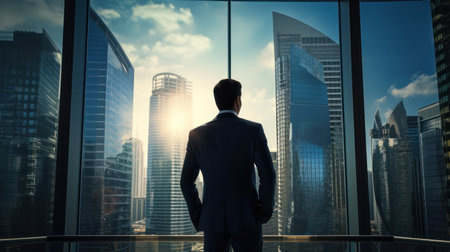 "Contemplating Business Organizations, A Businessman Stands Back in the Office city background"の素材