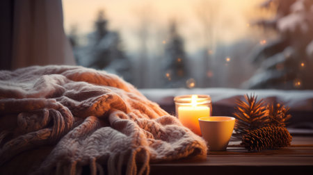 "Cozy Christmas Background with Blankets, Hot Cocoa, and Warm Lights - Inviting Winter Comfort."の素材