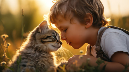 "Little Asian Boy Sweetly Kissing the Cat in a Summer Field - A Heartwarming Connection."の素材