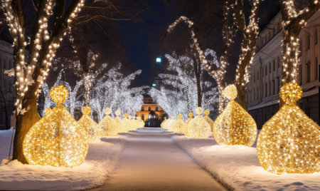 "Streets Aglow with Illumination and New Year Decorations - A Festive Urban Wonderland."の素材