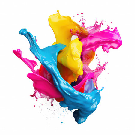 "CMYK Splash, 3D Rendering of Color Explosion in Cyan, Magenta, Yellow, and Black on White."の素材
