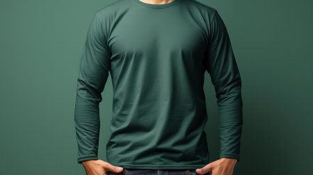 "Casual Comfort, Man Wearing a Green Long Sleeved T-Shirt Mockup - Effortless Style for Everyday"の素材