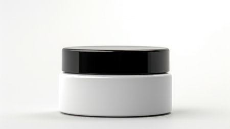 "Mock Up of White Plastic Cosmetic Cream Jar with Black Cap - Minimalistic Beauty Packaging."の素材