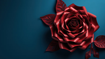 "Paper Cut Red Rose Flower Rests on a Dark Blue Surface - A Symbol of Romantic Sophistication."の素材