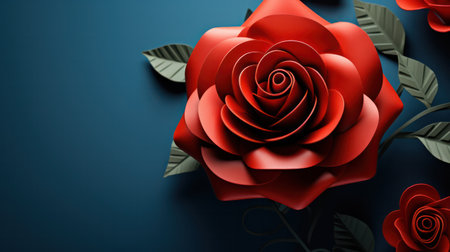 "Paper Cut Red Rose Flower Rests on a Dark Blue Surface - A Symbol of Romantic Sophistication."の素材