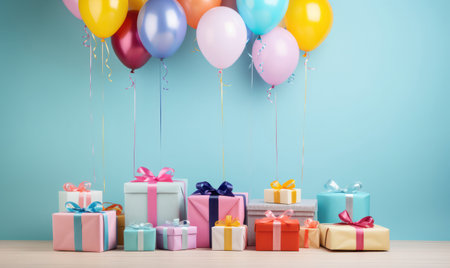 "Birthday Celebration with Balloons and Gifts - A Vibrant Background of Joy and Surprises."の素材