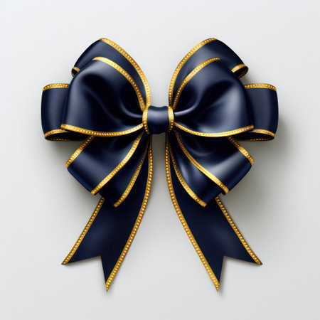 "Elegant Contrast, Dark Blue and Gold Ribbon Bow Adorns a Clean White Background."の素材