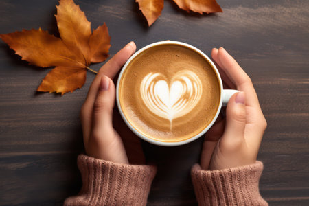 "Female Hands Cradle a Cup of Velvety Latte - A Cozy Moment of Warmth and Relaxation."の素材