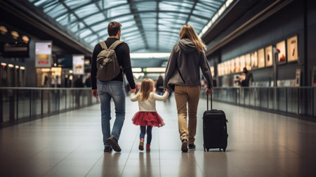 "Happy Family Ready for Journey - Excitement and Togetherness in Terminal Departure Zone."の素材