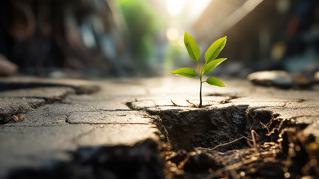 "Nature's Resilience, Light Green Plant Thrives Amid Cracked Concrete Road, Symbol of Persistence."の素材