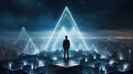 "Man Standing Amidst Cubes, Pondering Urban Dynamics - Abstract Conceptual Harmony."の素材