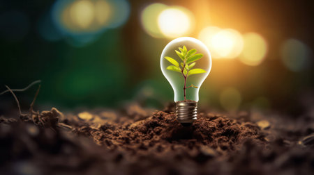 "Green Energy, Light Bulb Tree Grows in Sunlit Soil - A Concept of Saving the World and Power."の素材