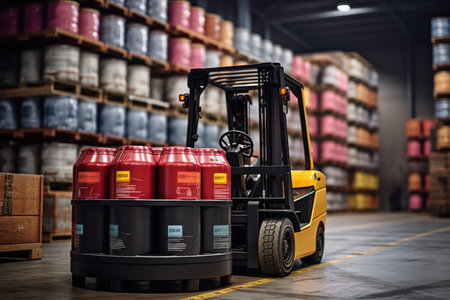 "Warehouse Efficiency, Forklift in Action, Organizing Matte Black Barrels and Canisters on Racks."の素材