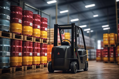 "Warehouse Efficiency, Forklift in Action, Organizing Matte Black Barrels and Canisters on Racks."の素材