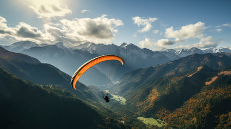 "Paragliders Gracefully Soar Above a Verdant Green Valley - Thrilling Flight Experience."の素材