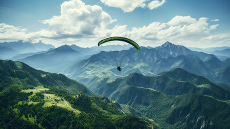 "Paragliders Gracefully Soar Above a Verdant Green Valley - Thrilling Flight Experience."の素材