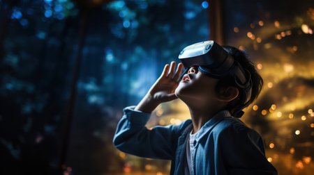 "Immersive Exploration, Child Wearing VR Glasses, Experiencing 3D Technology in His Room."の素材