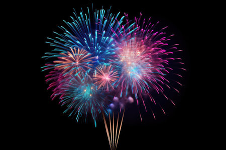 "Night Sky Extravaganza, Colorful Fireworks Illuminate the Darkness, Isolated on Black Background."の素材
