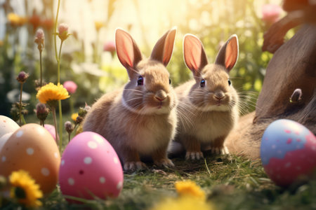 "Easter Bunny Extravaganza, Playful Bunnies Create a Charming Background Scene."の素材