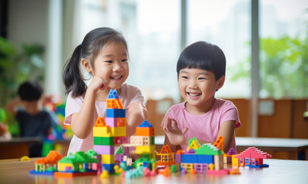 "Asian Children Create Colorful Structures with Building Blocks - Creativity and Joyful Play."の素材