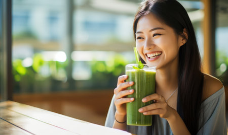 "Asian Woman Savoring a Healthy Juice Blend with Kale, Cucumber, and Apples, Refreshing Wellness."の素材