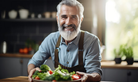 "Smiling Senior Man Takes Pleasure in Cooking a Healthy Vegetable Salad in the Kitchen."の素材