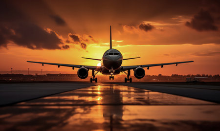 "Sunset Soar, A Plane Takes Off, Silhouetted Against the Warm Glow of the Evening Sky."の素材