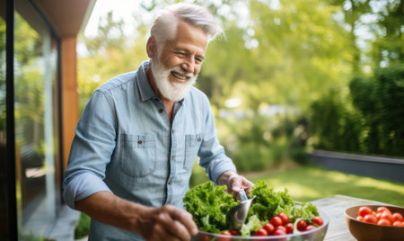 "Smiling Senior Man Takes Pleasure in Cooking a Healthy Vegetable Salad in the Kitchen."の素材