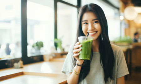 "Asian Woman Savoring a Healthy Juice Blend with Kale, Cucumber, and Apples, Refreshing Wellness."の素材