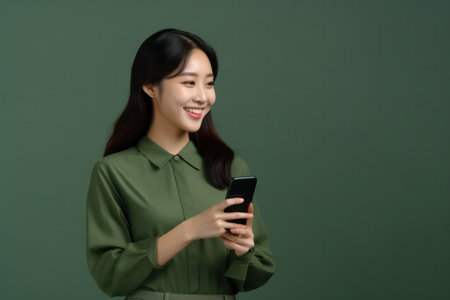 "Youthful Asian Woman in Green Shirt Holds Smartphone with Vibrant Energy - Modern Lifestyle and Connectivity Concept"の素材