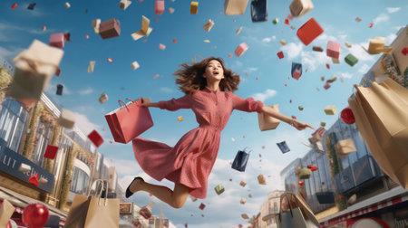 "Shopaholic Bliss, Young Asian Woman Juggles Shopping Bags as Dresses and Shoes Dance Around."の素材