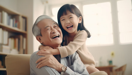 "Cherished Moments, Little Granddaughter Lovingly Hugs Old Grandpa, Sharing Sofa Bliss at Home."の素材