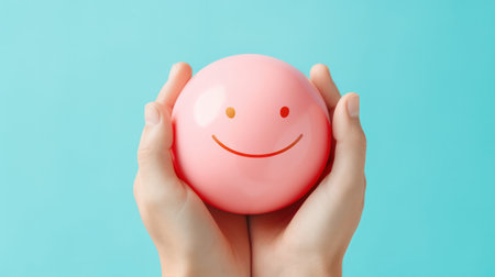 "Happy Grasp, Hands Hold a Pink Ball with a Smiling Face, Radiating Positivity."の素材