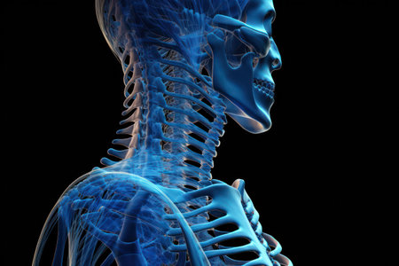 "Anatomical Insight, Soft Blue Chlorine Cervical Spine Lateral View of Human Skeleton."の素材