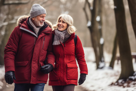 "Winter Stroll, Happy Mature Couple Takes a Leisurely Walk, Embracing the Cold Serenity."の素材