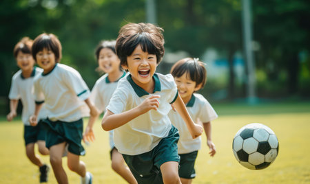 "Playground Soccer Excitement, Asian Kids Engaged in a Friendly Match at School."の素材
